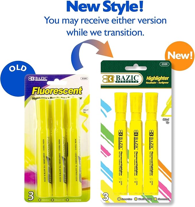 BAZIC PRODUCTS Yellow Highlighters, Chisel Tip, 3 Count, 144-Case | Quick-dry, Yellow fluorescent desk-style highlighters, wide barrel, non-toxic ink, ASTM D-4236, odorless