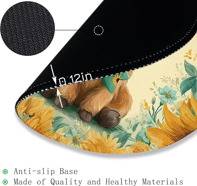 Gctriki Highland Cow Mouse Pad for Desk, Funny Round Mousepad for Laptop Gaming Stitched Edge Non-Slip Rubber Base, Cute Sunflower Bow Highland Cow Decor Gifts Office Desk Accessories for Women