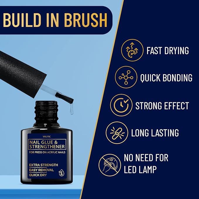 Valitic Strong Nail Glue and Strengthener for Acrylic and Press On Nails - Quick Dry Brush On Gel for Long Lasting Effect - Adhesive Nail Bond for False Nails with Tips Strengthener - 4 Pack