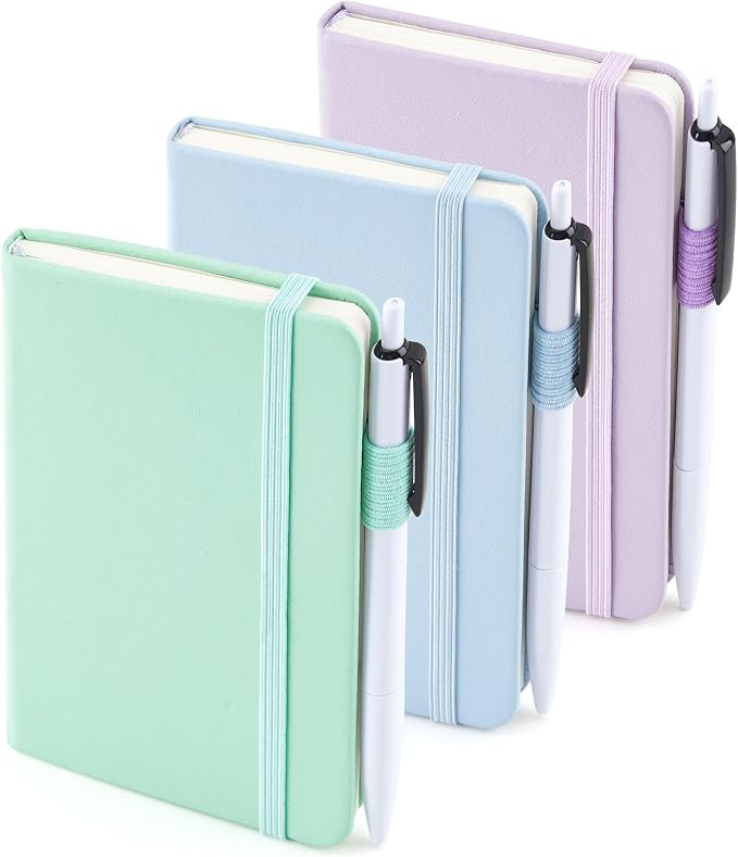 feela 3 Pack Pocket Small Notebook Journals, Mini Cute Hardcover College Ruled Notepad Women Office Supplies, with 3 Black Pens, 3.5”x 5.5”, A6, Pastel Colors, Light Blue, Light Purple, Light Green | College Ruled, Hardback Small Journal Bulk for Work,...