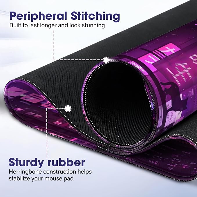 Professional Extended Gaming Mouse Pad - 31.5" x 15.7" Large Desk Mat with Stitched Edges, Waterproof Coating Non-Slip Rubber Base for Gamers Esports Pros Office Home, Cybercat
