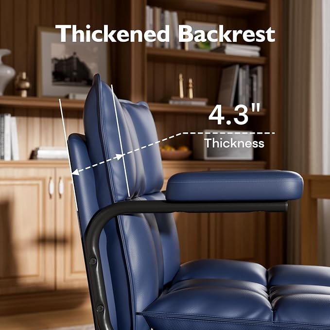 Mid Century Modern Desk Chair, Vintage Leather Office Chair, Blue | Petite Computer Chair for Small to Medium Women, Thickened Back, Cozy Seat, Adjustable Height for Home
