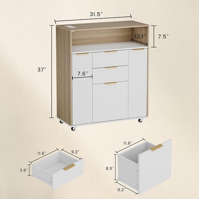 Fluted Mobile File Cabinet with Charging Station | 37" Rolling Storage Cabinet with 3 Drawers, Printer Stand with Wheels for Home Office, Light Walnut
