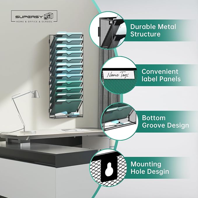 13-Tier Wall File Organizer, Wall Mounted Mail Sorter, 2 Pack | Metal Mesh Hanging File Organizer with Open Compartments and Label Panels for Papers and Folders at Home, Office or School