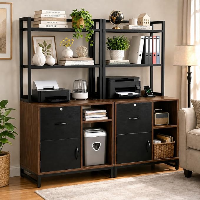 Vertical Filing Cabinet with Bookshelf for Home Office, Walnut | File Cabinet with Shelves, Lock & Charging Station, Drawer Office File Cabinets with Printer Stand, fits Letter Size