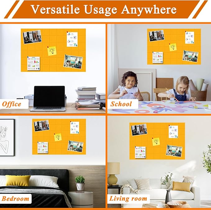 Large Square Felt Cork Board Tiles, Self Adhesive DIY Felt Bulletin Board with 35 Pushpins for Office School Home Wall Decor Stickers Memos (Orange)