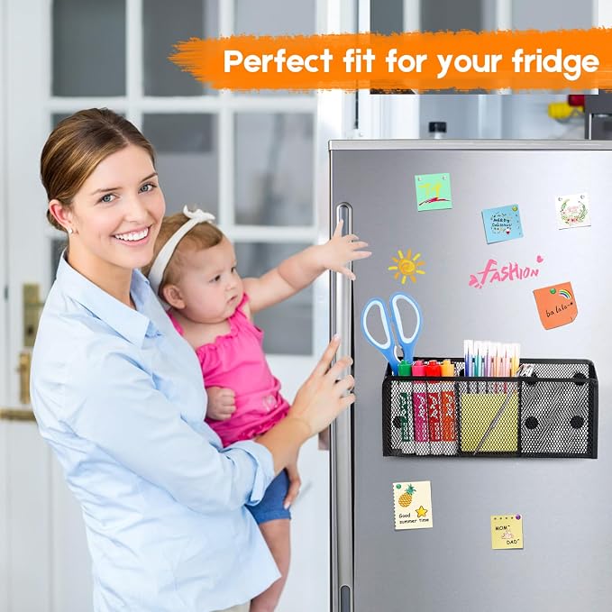 Magnetic Pencil Holder Whiteboard Pen Holder Locker Accessories (3-Slot*1) | Locker Organizer, Desk Organizer, Teacher Supplies, Mesh Basket, Strong Magnets, Black, For Fridge School Office Home
