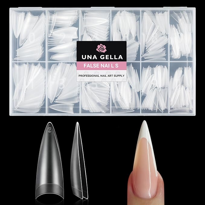 UNA GELLA Stiletto Gel Nail Tips 504pcs Long Stiletto Almond Nails | Half Cover False Fake Nails Double-sided Matte Easy to Polish for DIY Press On Nails Extension Art Salon 12 Sizes