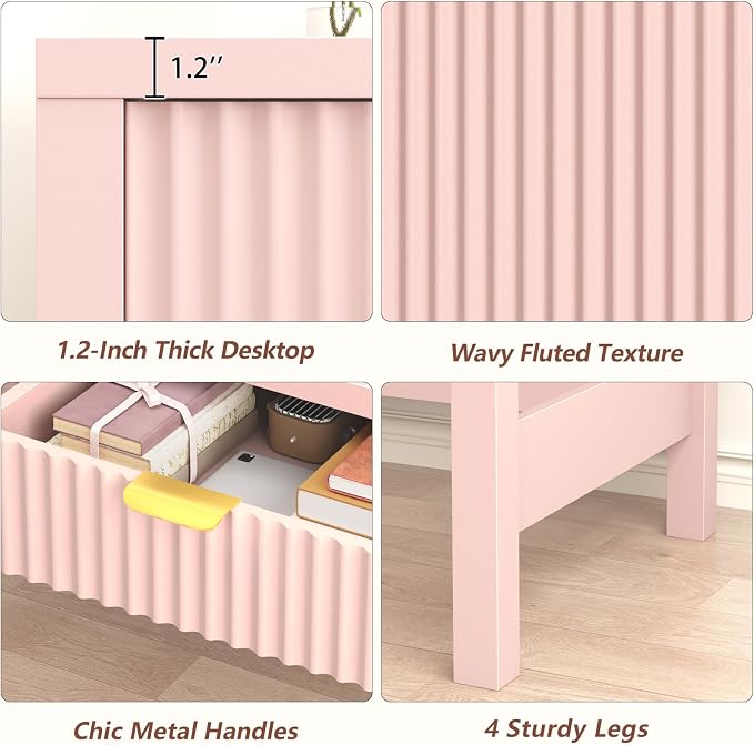 39 Inch Small Fluted Computer Desk with 2 Drawers for Bedroom, Home Office | Small Computer Desk with Storage, Compact Writing Study Desk for Small Spaces, Blue