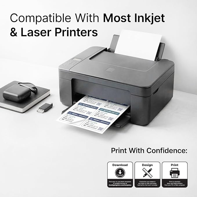 2 1/3" X 3 3/8" Matte White Printable Labels (30 Sheets, 240 Stickers) Name Tag Stickers, Address and Shipping Labels for Laser & Inkjet Printers - Spartan Industrial Template R013