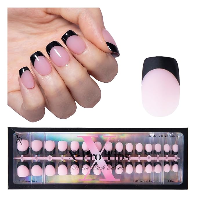 SXC Cosmetics French Tip Press On Nails 150 Pieces in 15 Sizes Ultra Fit with Pre-applied Tip Primer and Base Coat, No Need to File Fake Nails for Nail Art DIY X-Pro Tips (BLACK113-XS Square)