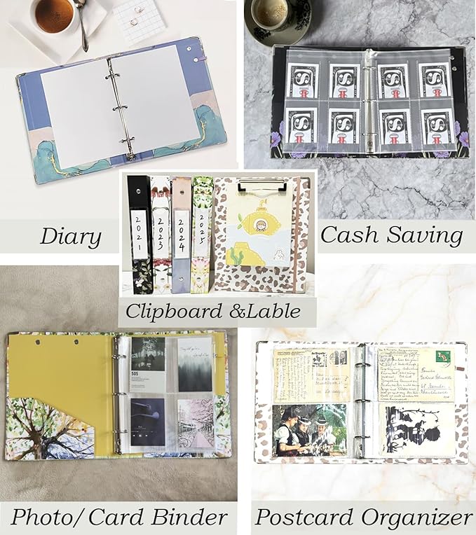 A5 Binder 3 Ring 1 Inch for 5.5"x8.5" Paper, Mini Three Ring Binders with Clipboard,5-Tab Dividers,Interior Pocket, Spine ID Label Holder, BVSSX Small Binder with Pen Holder,Blue Marble