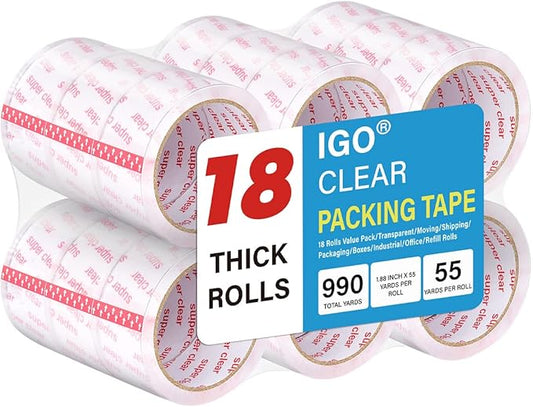 I GO Clear Packing Tape, Packaging Tape Refills for Shipping Moving Box Mailing Storage Sealing, 1.88" Width x 54.68 yd. Length, 2.95" Core, Crystal Clear, 1.97 mils/0.05 mm Thick (18 Rolls per Pack)