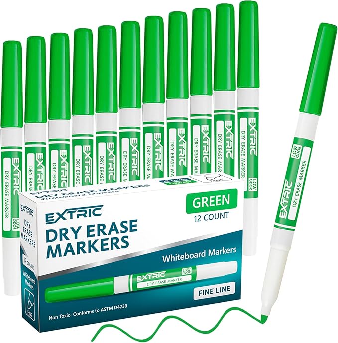 EXTRIC Green Dry Erase Markers Fine Tip, 12 Count Whiteboard Markers, Fine Tip Dry Erase Marker Bulk Classroom Pack White Board Marker for Teachers and Students
