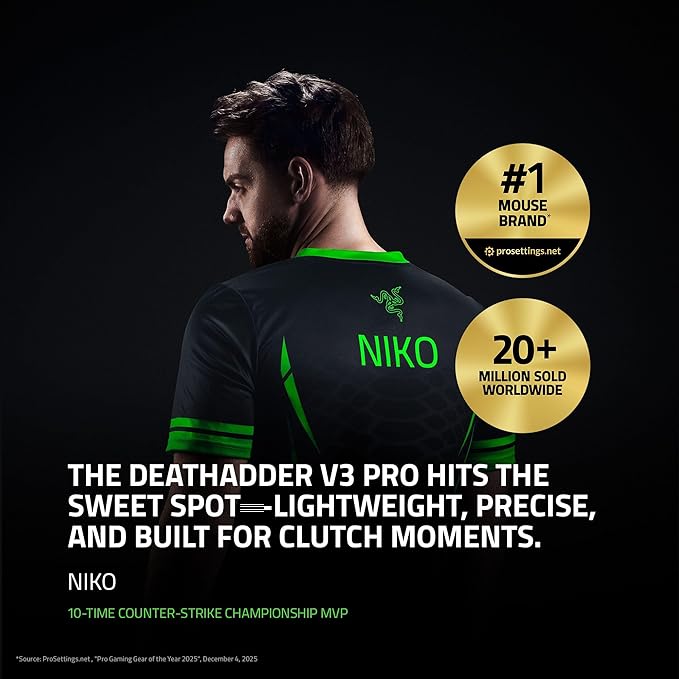 Razer DeathAdder V3 Pro Wireless Gaming Mouse + Hyperpolling Wireless Dongle: 63g Ultra Lightweight - Focus Pro 30K Optical Sensor - Optical Switches Gen-3-5 Programmable Buttons - Black