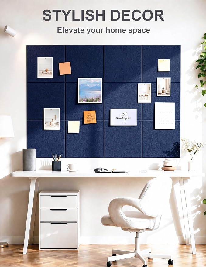 Felt Wall Tiles Bulletin Board Large Cork Board Alternative 6 Pack 11.81”x11.81”x0.47” Felt Pin Board Tack Board with Safe Removable Adhesive Tabs for Home Office School 36x24 (Dark Blue)