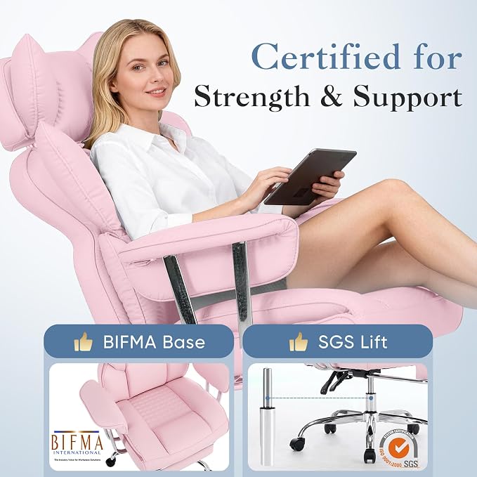 DUMOS Big and Tall Home Office Desk Chair, Executive Chair with Footrest | Scratch-Resistant PU Leather, Ergonomic Reclining, Pocket Spring Support, 400 LBS Weight Capacity, Pink