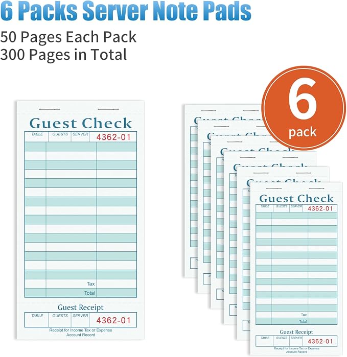 ZPARIK 6 Pack Guest Checks Books, Server Note Pads, Blue & White | 6 Pack Guest Checks with 50 Sheets Per Book, Waiter Checkbook, Waitress Notepad for Restaurants, Perfect for Servers