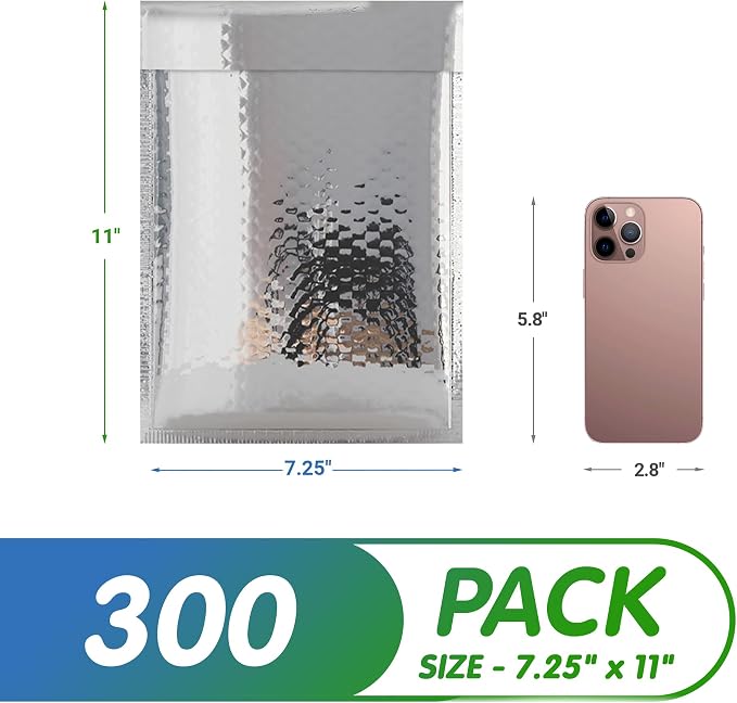 Glamour Metallic Bubble Mailers 7.25 x 11 Inches Silver, 300 Pack Padded Envelopes for Shipping, Mailing, Packaging Protection