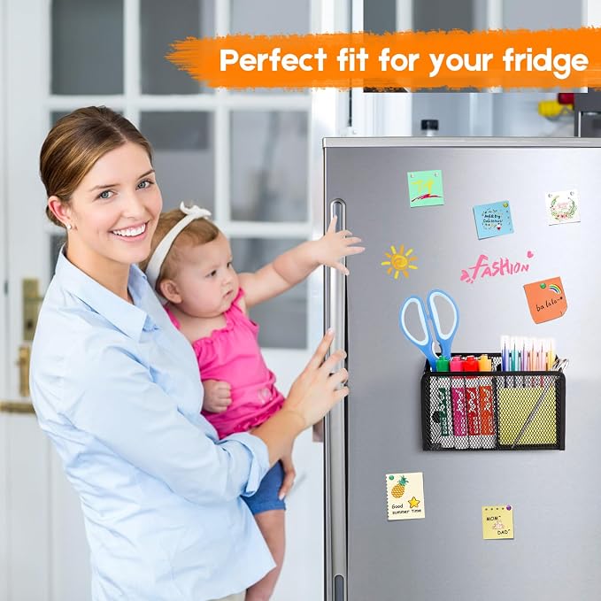 Magnetic Pencil Holder Whiteboard Pen Holder Locker Accessories (2-Slot*1) | Locker Organizer, Desk Organizer, Teacher Supplies, Mesh Basket, Strong Magnets, Black, For Fridge School Office Home