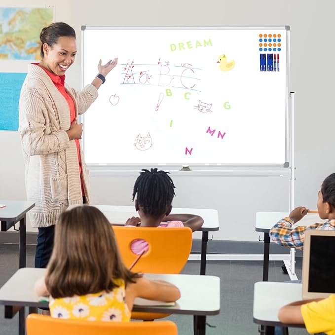 Mobile White Board with Stands 40"x28", Double-Sided Rolling Whiteboard on Wheels Magnetic Dry Erase Board with Stand Portable Standing White Board for Classroom, Office, Home
