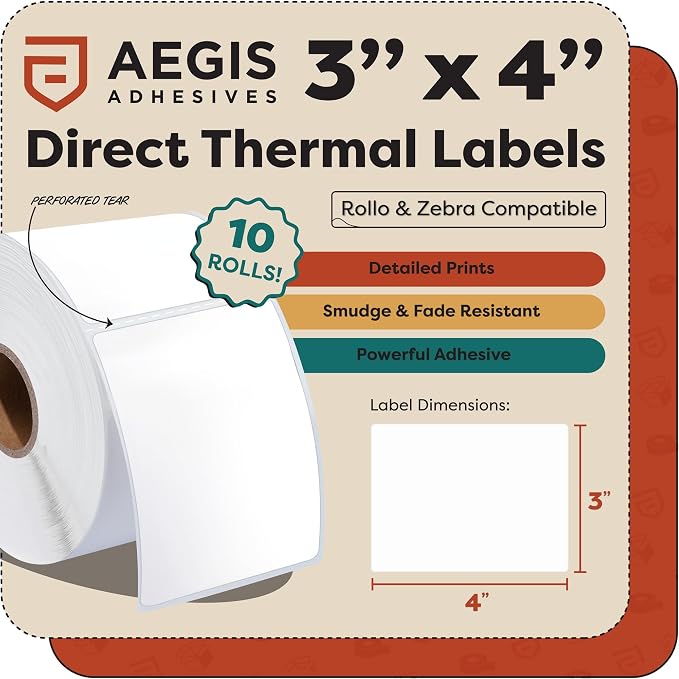 3" X 4" Direct Thermal Labels (3750 Count, 10 Rolls) | Shipping and Postage Barcode Labels, Product Packaging Identification - Compatible With Zebra and Rollo Printers