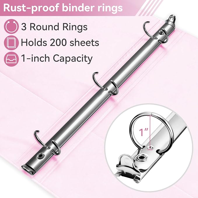 SUIN 1 Inch 3 Ring Binder, Clear 1'' View Presentation Binders with 2 Pockets, Fits 8.5 x 11 Letter Size, Durable Polypropylene, Non-Stick & PVC-Free for School, Office & Home (Pastel Pink)