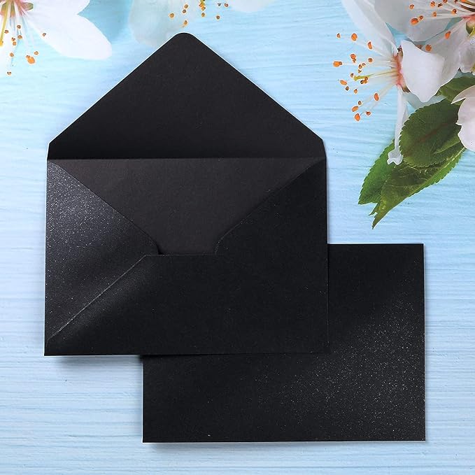 PONATIA 50 Pieces/Pack A7 Envelopes, 5.25 x 7.25'' Black Shiny Envelopes Perfect for 5x7'' Invitation Cards, Weddings Invitations, Photos, greeting Cards, Christmas Gift Cards