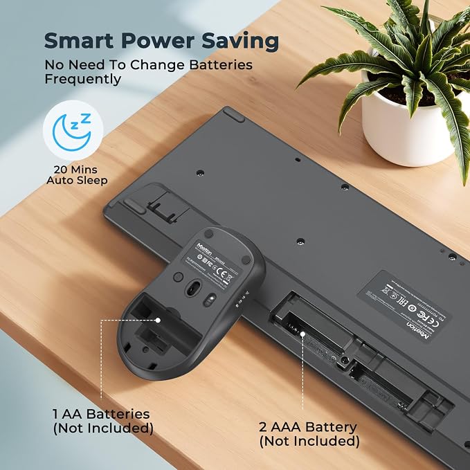 Wireless Keyboard and Mouse, 2.4GHz/Bluetooth Quiet Full Size Set, Gray | Dual-mode Bluetooth and 2.4GHz connection with a 3200 DPI adjustable mouse and extended battery life for daily use