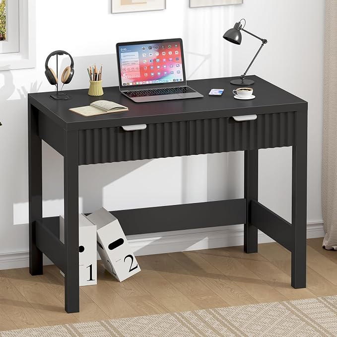 32 Inch Small Fluted Computer Desk with 2 Drawers for Bedroom, Home Office | Small Computer Desk with Drawers, Compact Writing Study Desk Storage for Small Spaces, Black