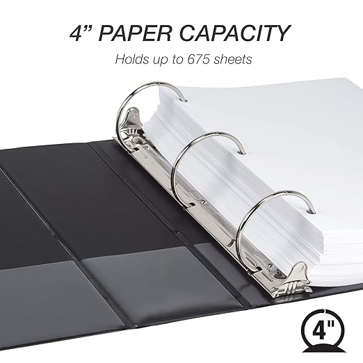 Samsill 4 Inch 3 Ring Binder, Economy Round Ring, Clear View Cover, 675 Sheet Capacity - for School, Home, Office - Black