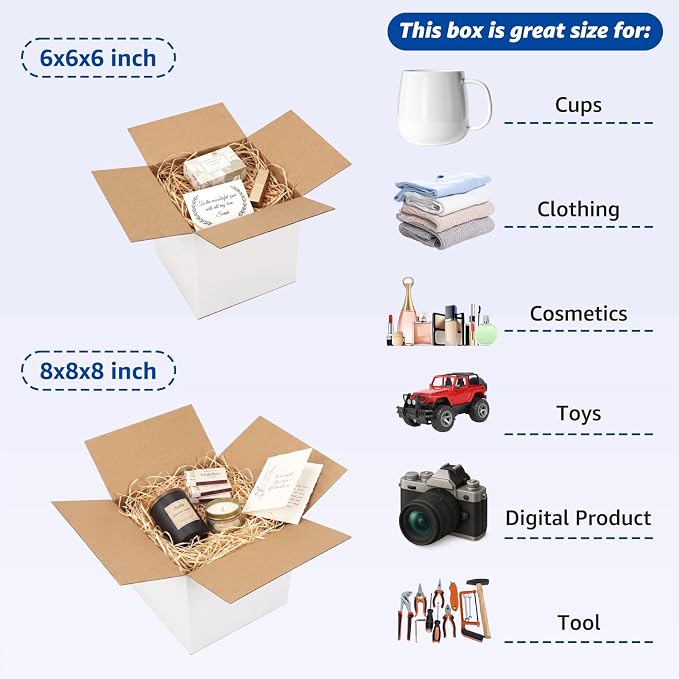 CRUGLA Assorted Sizes Shipping Boxes 30 Pack (8x8x8, 6x6x6), White Corrugated Cardboard Mailers, Each 15 PCS Small Boxes for Small Business Packaging, Shipping & Storage