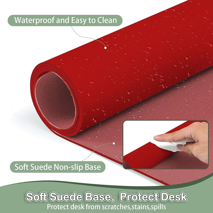 Boutilon Leather Desk Pad Protector,Non-Slip Mouse Pad,Laptop Desk Pad,Office Mouse Mat,Waterproof Leather Desk Blotter,Desk Writing Pad for Office and Home (XXL-Red,47.2"x 17")