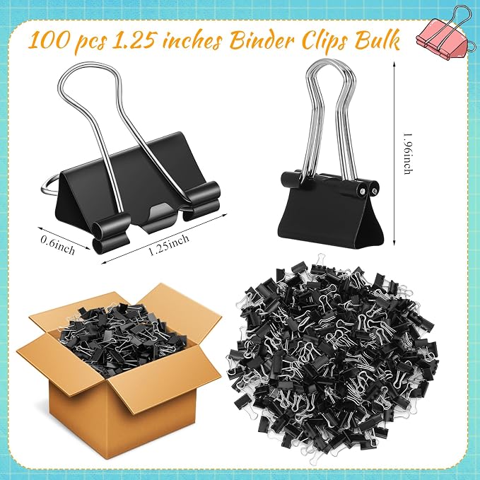 Jetec 100 Pcs Black 1.25 Inch Binder Clip Paper Clamp Metal Paper Clip | for Teachers Students Classroom Business Office and School Office Supplies