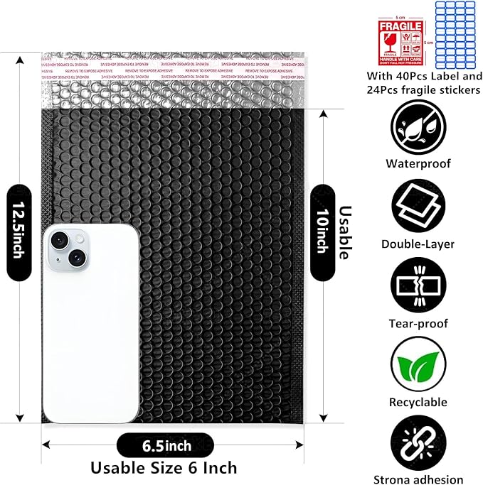 Bubble Mailers 6x12" 25Pack Bright Black 40P Label Thick Waterproof Padded Poly Envelopes Bubble Wrap Mailers Shipping Bags for Home Office and Small Business Shipping Envelope Mailer#0