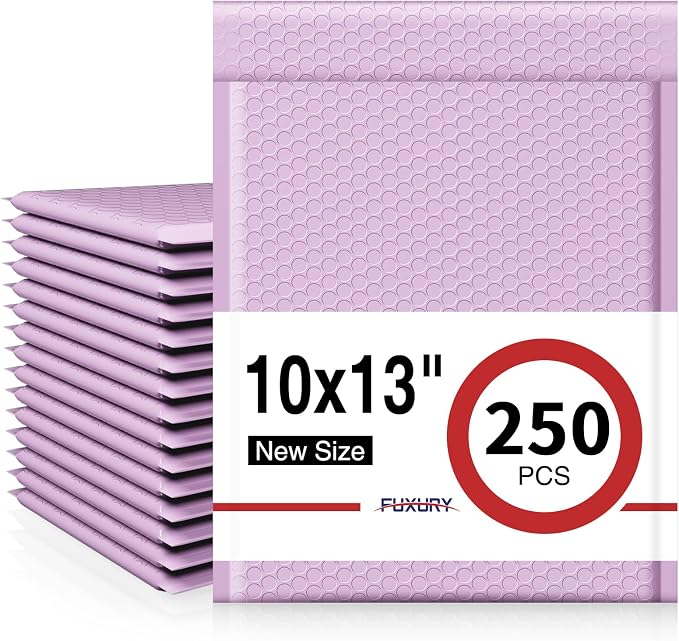 Fuxury Bubble Mailers Bulk 10x13 Inch Lavender 250 Pack | Opaque Padded Envelopes for Clothing, Books, Makeup & Accessories, Self Seal Shipping Bags for Small Business