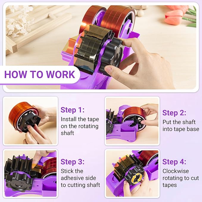 THINKLEARN Heat Tape Dispenser - Sublimation Heat Transfer Tape Dispenser with Scissors and Utility Knife, 1 '' & 3'' Core, Multi-Roll Pre-Cut Tape Dispenser for Crafting, Purple