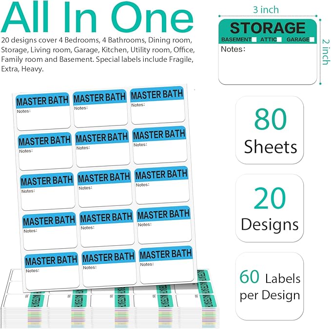 1200 Count 3 x 2 Inch Large Home Moving Packing Box Labels with Writable Notes Areas, 17 Color Coded + Fragile + Heavy + Blank Labels