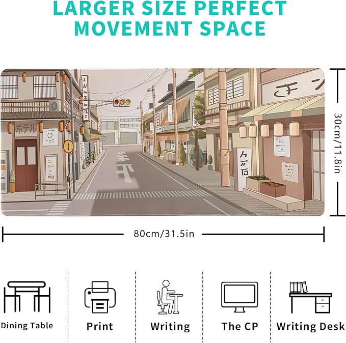 Tokyo Street Mouse Pad Anime Japanese Desk Mat Kawaii Large Gaming Mousepad XL Beige Cute Mousepad Gaming Non-Slip Rubber Base Stitched Edges Keyboard Mouse Mat Desk Pad for Office Home and Game