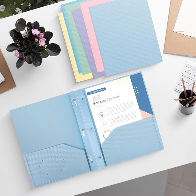 Plastic andPockets and Prongs,2-Pocket and3 Fasteners, Pastel Folders Holds 8-1/2" x 11" Paper for School/Office/Home, 60 Packs