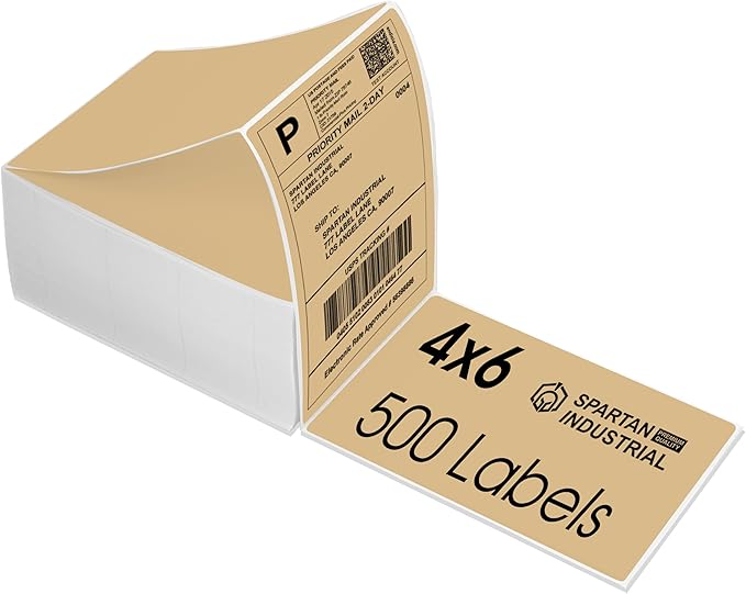 Spartan Industrial - 4" X 6" Brown Direct Thermal Fanfold Labels (500 Count, 1 Stack) - Printable Postage Shipping Labels, Package Identification - Compatible with Zebra and Rollo Printers