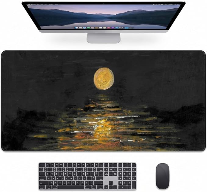 Auhoahsil Moonlight Lake Landscape Desk Mat, Ultra Large Full Desk Gaming Mouse Pad, Calm Night View Art Pattern Extended Keyboard Pad, Nature Aesthetic Desk Pad for Home Office Gaming, 35.4"x 15.7"