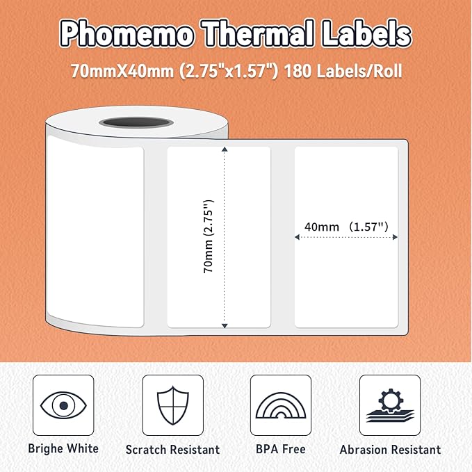 Phomemo Thermal Labels, Address Barcode Thermal Stickers for M220/M221/M200/M250 Label Printer Machine, 2.75"x1.57"(70x40mm),100 Labels/Roll, for Barcode/Address/Mailing/Logo,Black on White