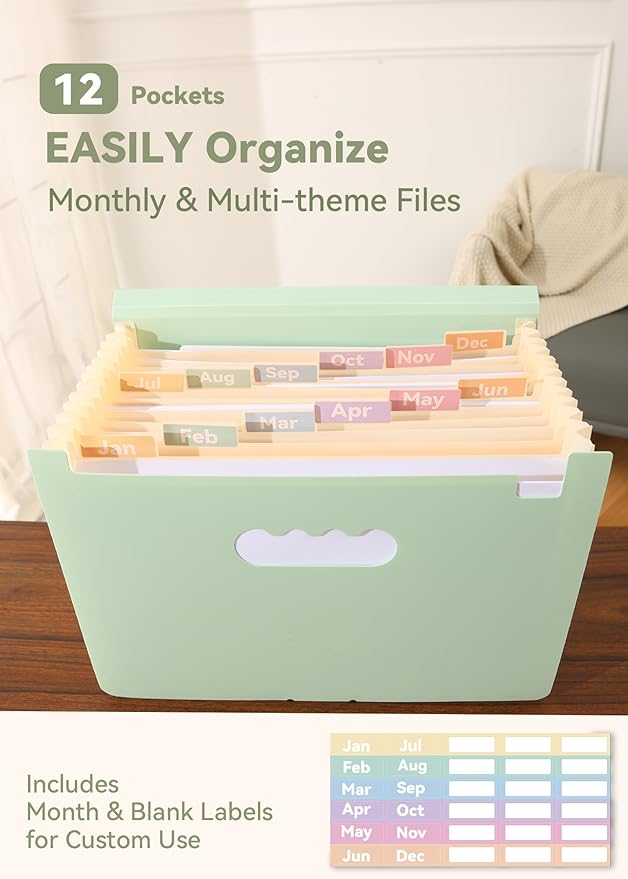 Accordion File Organizer 12 Pockets, Monthly Bill Receipt Tax Organizer, Expanding File Folders with Larger Bright Tabs, Fits Letter/A4 Size - Green