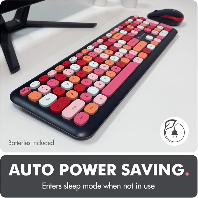 X9 Cute Wireless Keyboard and Mouse Combo - 2.4G Colorful Keyboard and Mouse Wireless with Retro Multi-Colored Typewriter, Keycaps for Windows Computer Keyboard, Laptop - Black