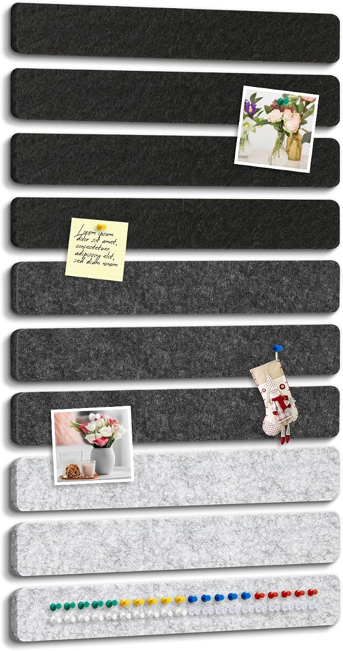 DOLLAR BOSS 10-Pack 13"x2" Felt Board Strips, Classic Grayscale | Small Cork Board for Walls, Alternative Bulletin Pin Board, Bar Strip, For Office Home Door Fridge, Includes 40 Pins