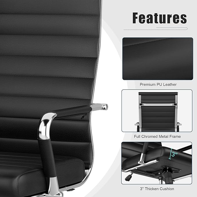 Okeysen Office Desk Chair, Ergonomic Leather Modern Conference Room Chairs, Executive Ribbed Height Adjustable Swivel Rolling Chair for Home Office Set of 15. (Black)