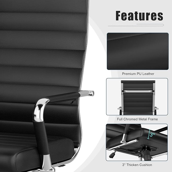 Okeysen Office Desk Chair, Ergonomic Leather Modern Conference Room Chairs, Executive Ribbed Height Adjustable Swivel Rolling Chair for Home Office Set of 10. (Black)