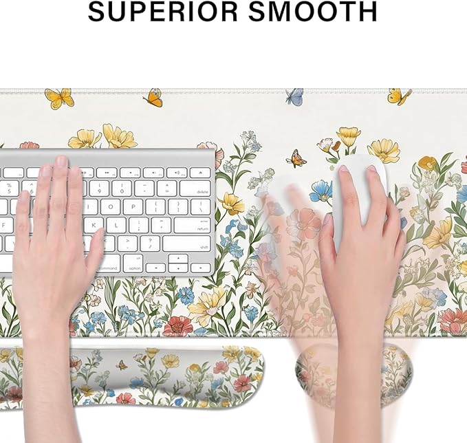 Desk Pad and Keyboard Wrist Rest, Large Mouse Pad + Keyboard Pad+Mouse Wrist Support, Non-Slip Desk Mat Protector for Office, Home 31.5×11.8 Inches Spring Floral
