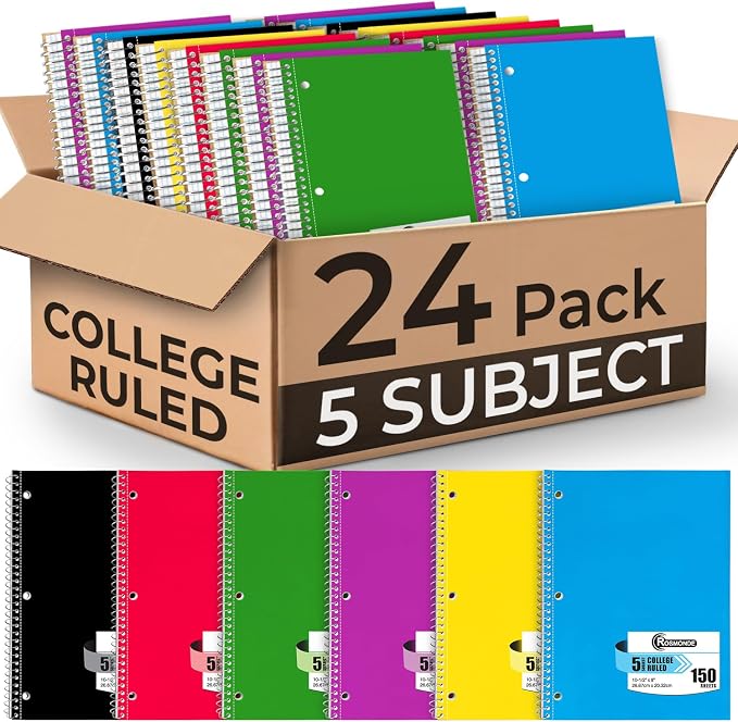 5 Subject Spiral Notebook, 24 Pack, College Ruled Bulk, 150 Sheets | Back to School Notebook Journal, 8 x 10-1/2, College Ruled, 300 Pages, School & Office Spiral Notebooks, Assorted Colors